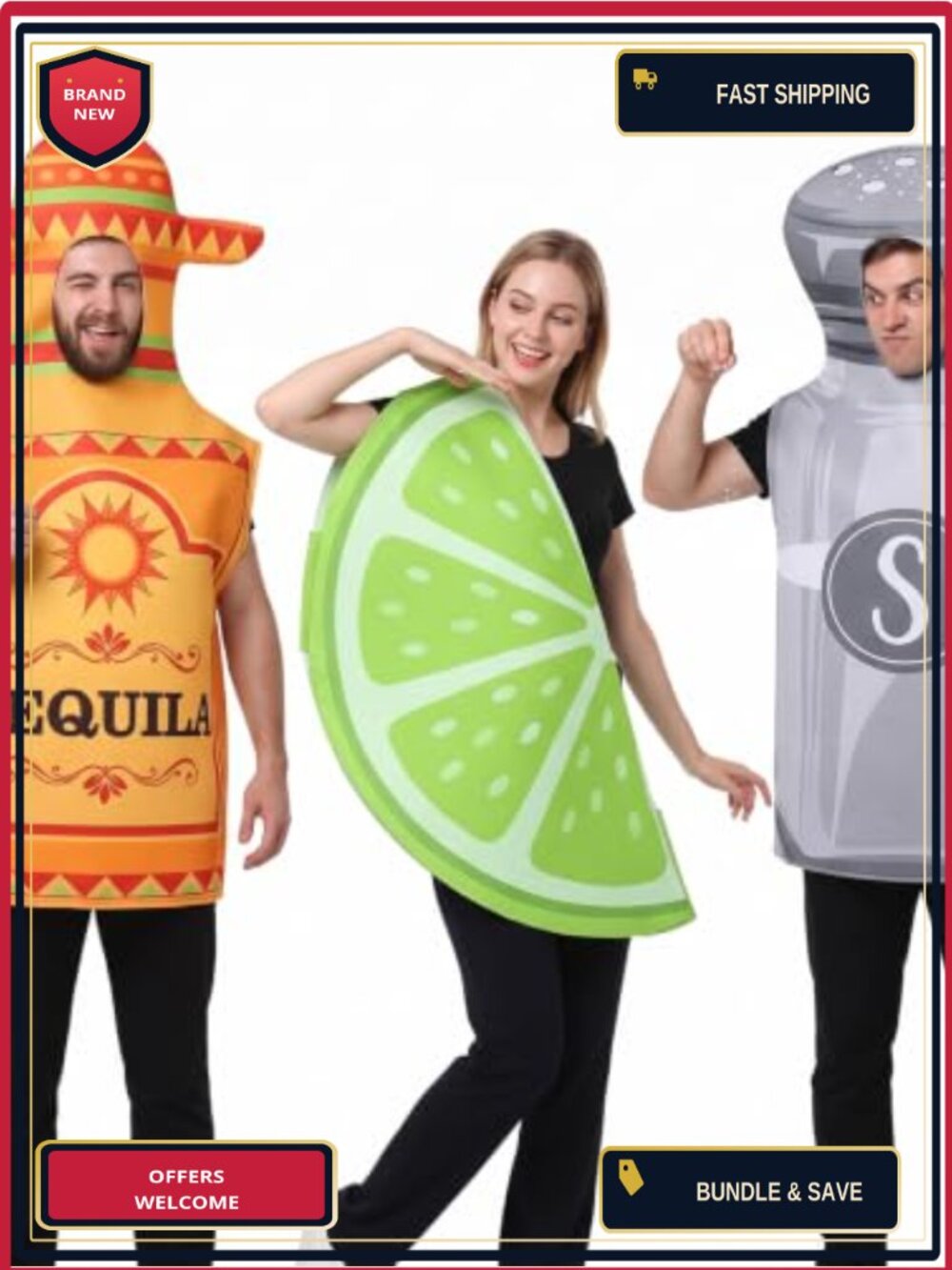3 Pc Tequila Lime Salt Costume Set Adults Halloween Group Polyester
